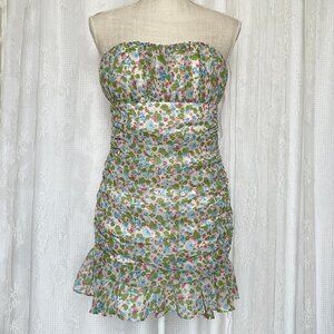 Adeirlina Women's Mini Dress Small Green Strapless Ruffle Floral Ruched Coquette